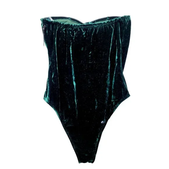Emerald Green Velvet Bustier Bodysuit By Haute Monde Strapless Womens Size L - Picture 9 of 9
